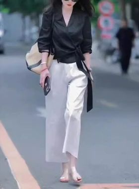 24277大爱美依缘2024夏季新款V领系带薄款上衣纯色阔腿裤显瘦时尚