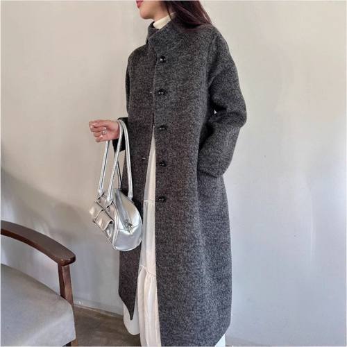 ZY2532大爱美依缘2025秋冬新款大衣女长款单排扣休闲立领宽松外套