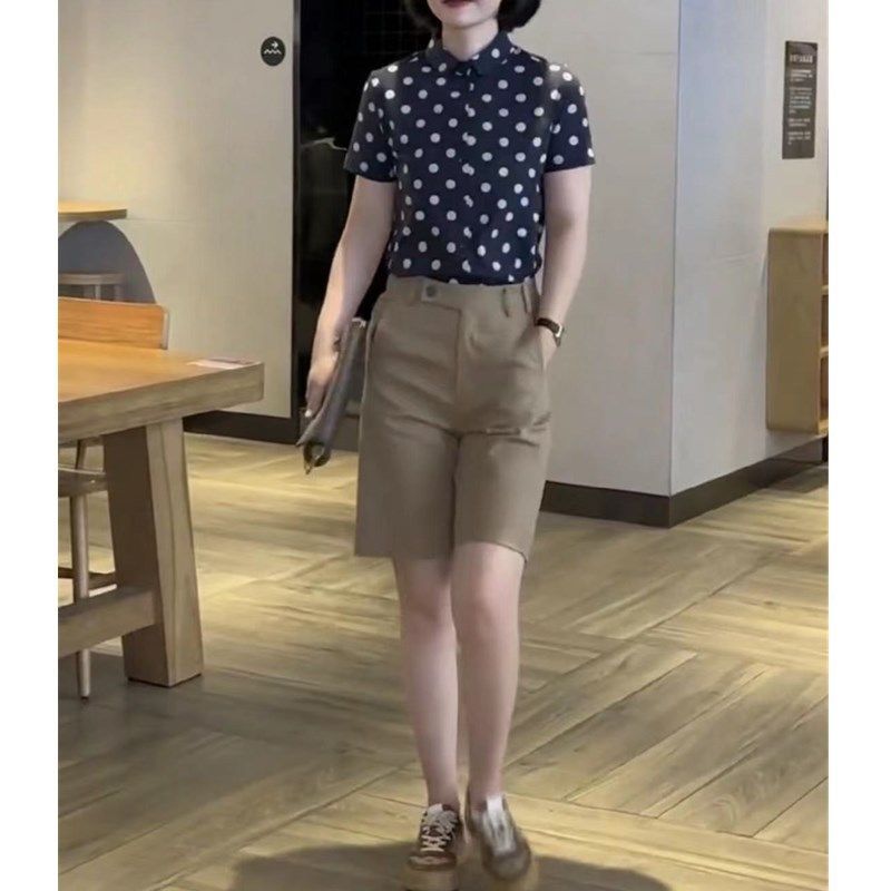 23215大爱美依缘2025夏季新款波点Polo领短袖上衣高腰直筒短裤女