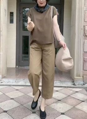 22672大爱美依缘2025夏季新款简约纯色圆领短袖上衣直筒休闲裤女