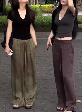 24263大爱美依缘2024夏季新款V领短袖修身T恤休闲直筒裤显瘦女潮