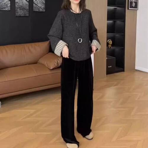 24735上衣大爱美依缘2024秋季新洋气慵懒上衣拼接条纹袖口宽松女