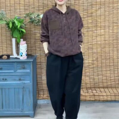 241110大爱美依缘2026秋冬新款连帽拼色宽松卫衣休闲卫裤显瘦女潮