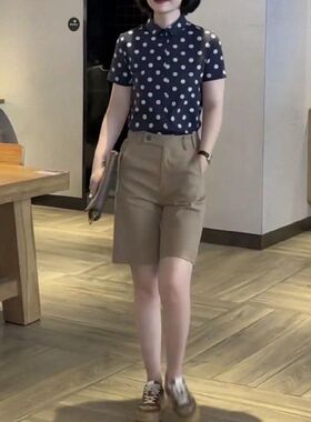 23215大爱美依缘2025夏季新款波点Polo领短袖上衣高腰直筒短裤女
