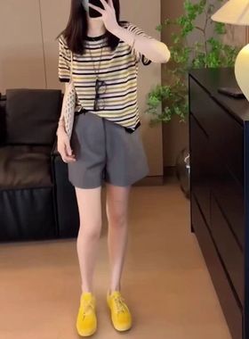 25198大爱美依缘2025夏季新款时尚减龄撞色条纹短袖T恤高腰短裤女