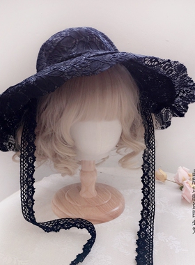 RE哥特黑色蕾丝帽 法式复古大檐遮阳帽 复古波奈特帽