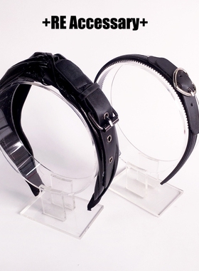 手工 lolita少女黑色皮扣宽边发箍头箍机车暗黑哥特皮发箍