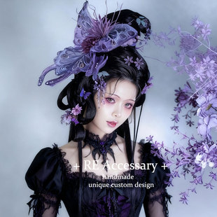 RE自制~末世蝴蝶~暗黑哥特立体大号蝴蝶发夹异域风头饰后脑勺