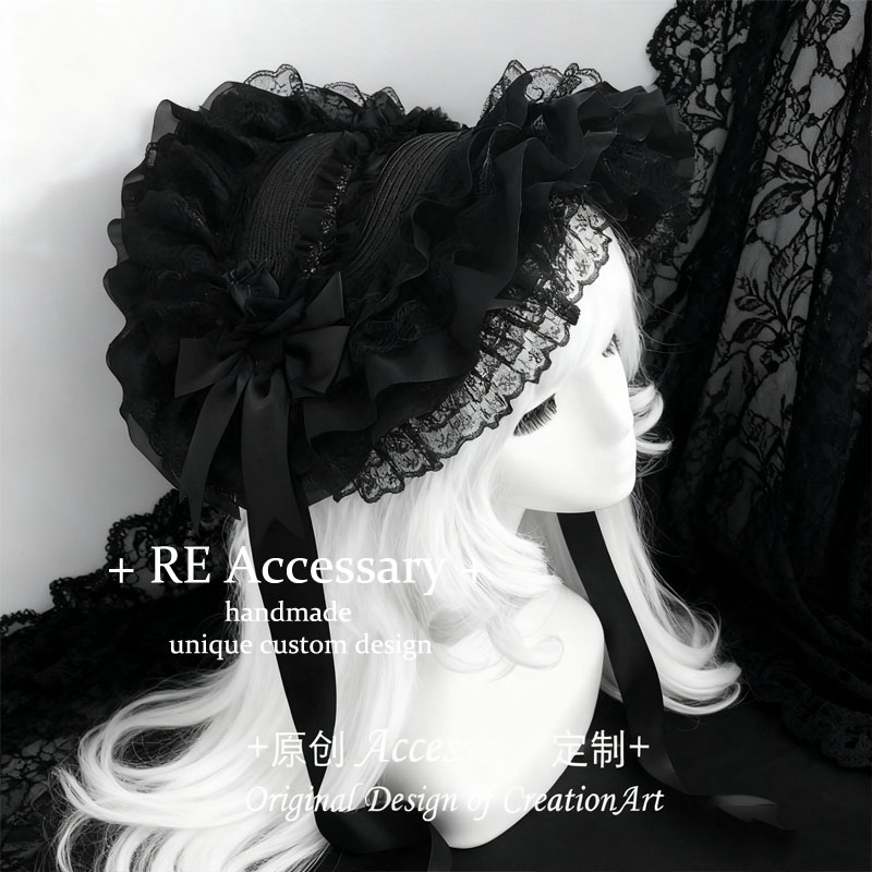 RE原创自制万圣节蕾丝帽哥特暗黑bb帽lolita法式扁帽bnt帽