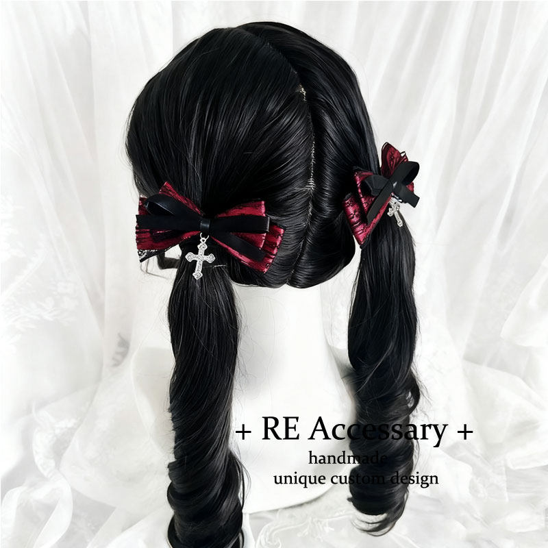 蕾蕾系头饰量产型十字架蕾丝蝴蝶结洛丽塔发夹哥特风双马尾发饰