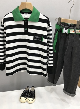 木瓜汁童装秋季新款男童女童Polo领黑白条纹打底衫卫衣77552