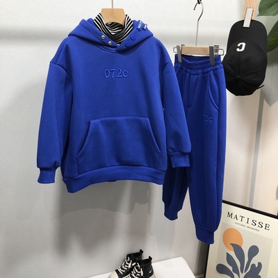 木瓜汁冬新款男女童加绒针织卫衣卫裤套装运动中大童韩版2件