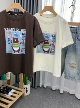 牛哆哆童装夏装新款韩版男女童时尚卡通图案纯棉短袖T恤63138