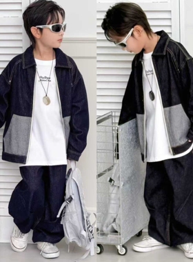 牛哆哆童装2025秋装男女童牛仔套装拼接撞色口袋外套＋裤子82233