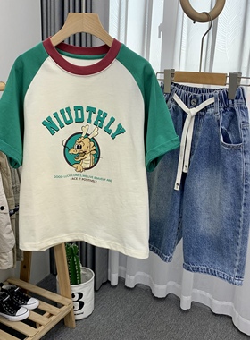 牛哆哆夏装新款男女童字母印花插肩袖宽松圆领棉短袖T恤53333