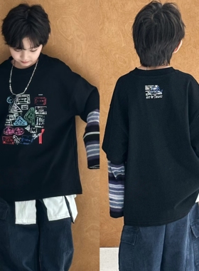 牛哆哆童装2025秋装彩色涂鸦假两件长袖T恤男女童条纹印花潮39268