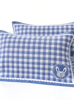 纯棉枕巾一对开学季学生包邮纱布加大情侣蓝色透气柔软吸汗格子