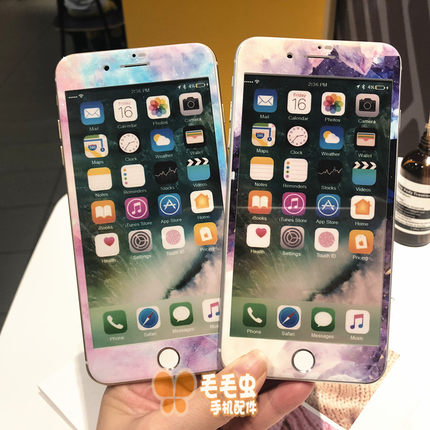 适用iPhone7/8 plus渐变星空紫是钢化膜苹果X/6s粉蓝手机膜XS max