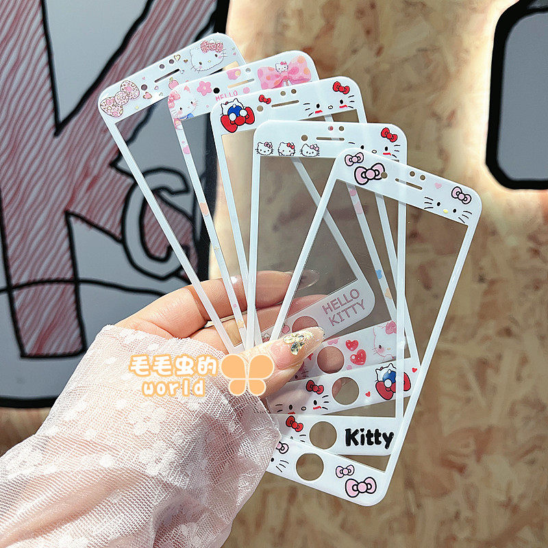 可爱凯蒂猫KT适用苹果4/5/6/6s/7/8卡通钢化玻璃贴胡须猫膜新款iPhone7/8plus全屏彩色手机彩膜SE2/3女款