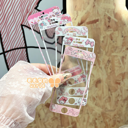 kitty适用苹果4/4S/5/5S卡通凯蒂猫钢化玻璃贴膜少女心新款iPhone6s/7/8plus全屏彩色手机彩膜SE2/3美乐蒂
