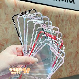 卡通kitty适用苹果11/12/13/14/15/16/17pro/max动漫可爱钢化膜iPhoneX/XR/XSmax全屏覆盖黑白手机彩膜库洛米