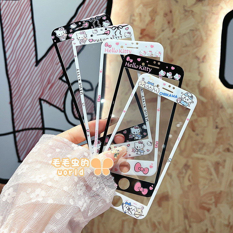 黑白凯蒂猫kitty适用苹果6s/7/8卡通钢化玻璃贴膜小吉小熊新款iPhone7/8plus全屏彩色手机彩膜SE1/2/3女4/5S