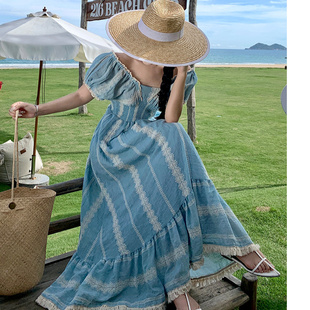 2025波西米亚异域风V领收腰显瘦a字流苏大摆连衣裙海边度假长裙子