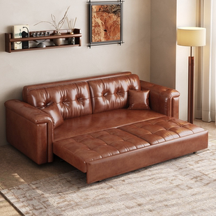 中古风复古油蜡皮沙发床折叠两用一体2025新款 客厅小户型储物沙发
