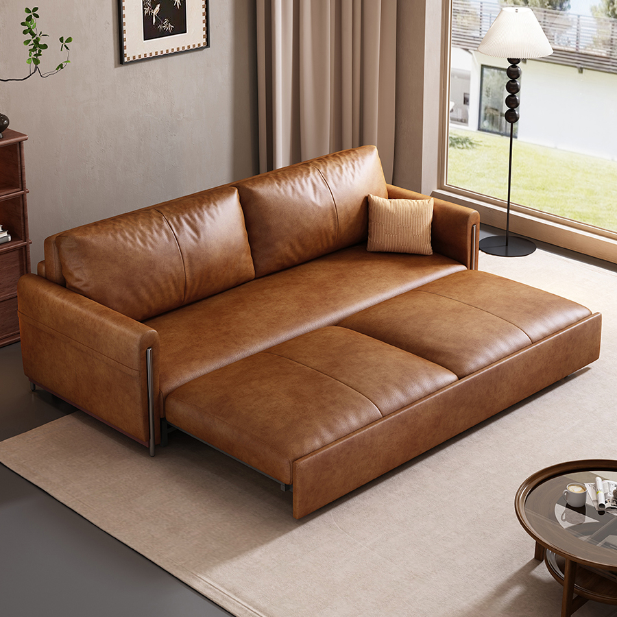 中古风油蜡皮沙发床折叠两用