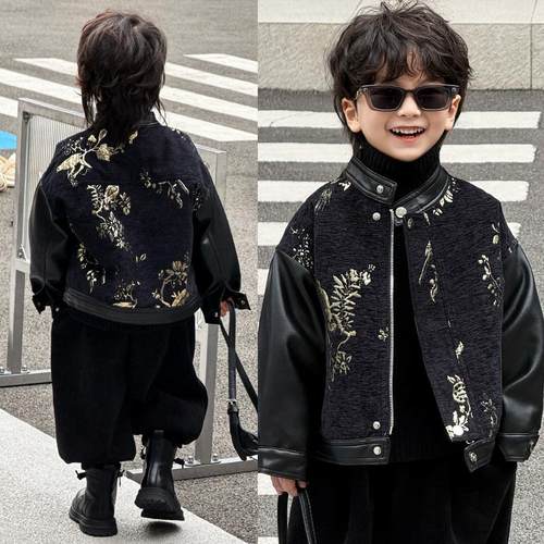 男童加绒皮衣2024新款冬季夹克