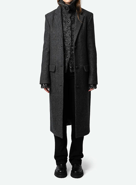 25秋冬新款ZV羊毛大衣外套女法式中长款灰色人字纹西装领正肩挺阔