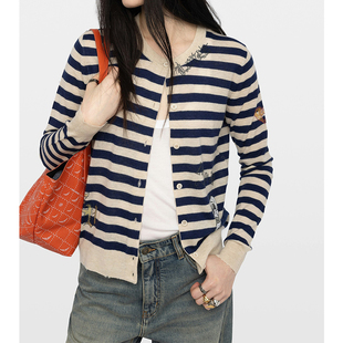 2026春夏新款ZV亚麻针织开衫外套女薄款重工烫钻翅膀条纹法式百搭