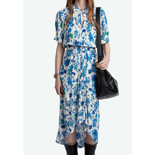 2024夏新款ZV印花连衣裙女短袖松紧收腰皱褶不规则中长人造丝茶歇