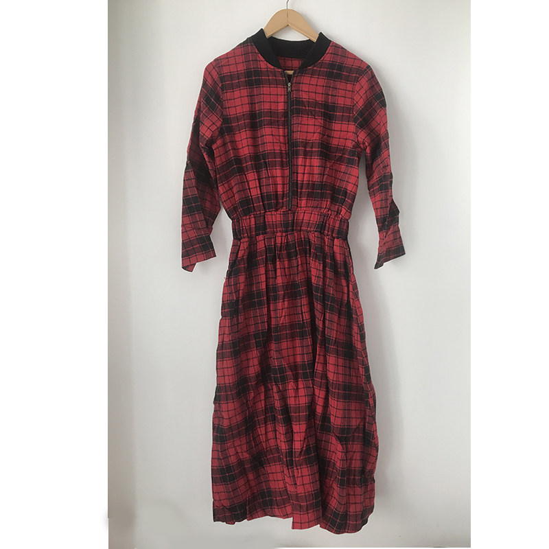 25春秋新款衬衫连衣裙长袖春秋红色格子棒球领拉链松紧腰中长显瘦