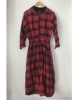25春秋新款衬衫连衣裙长袖春秋红色格子棒球领拉链松紧腰中长显瘦