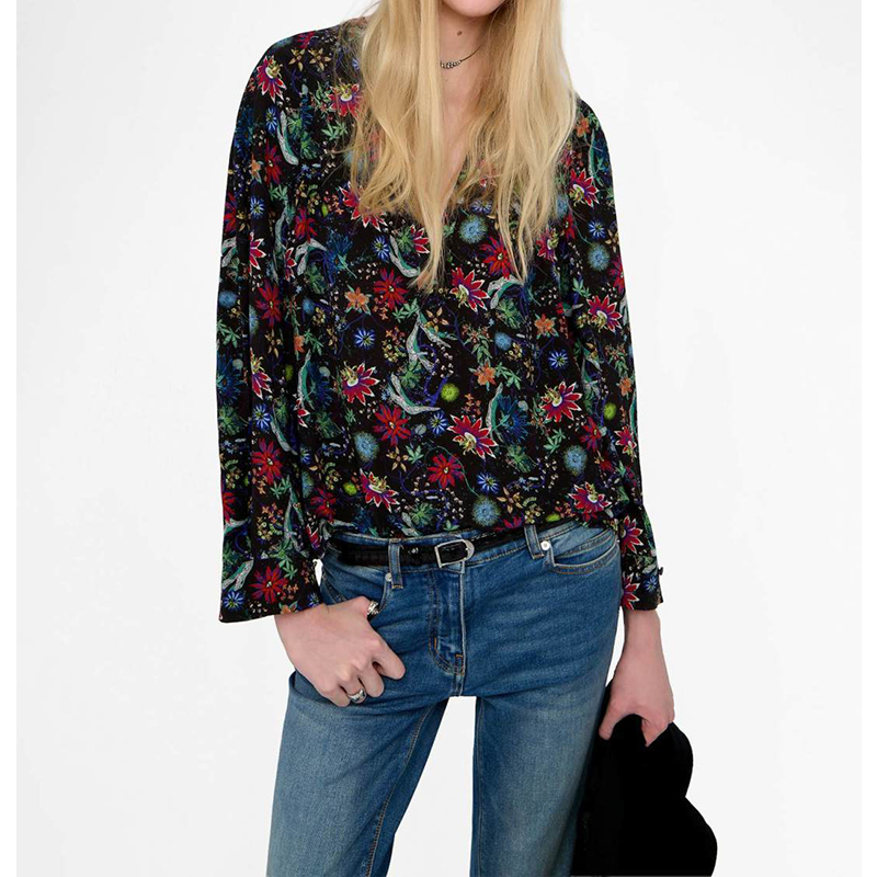 法式复古黑色碎花长袖V领衬衫