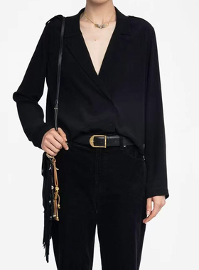 25秋新款法式时尚ZV工装风衬衫女短款双排扣肩章黑色粘纤通勤休闲