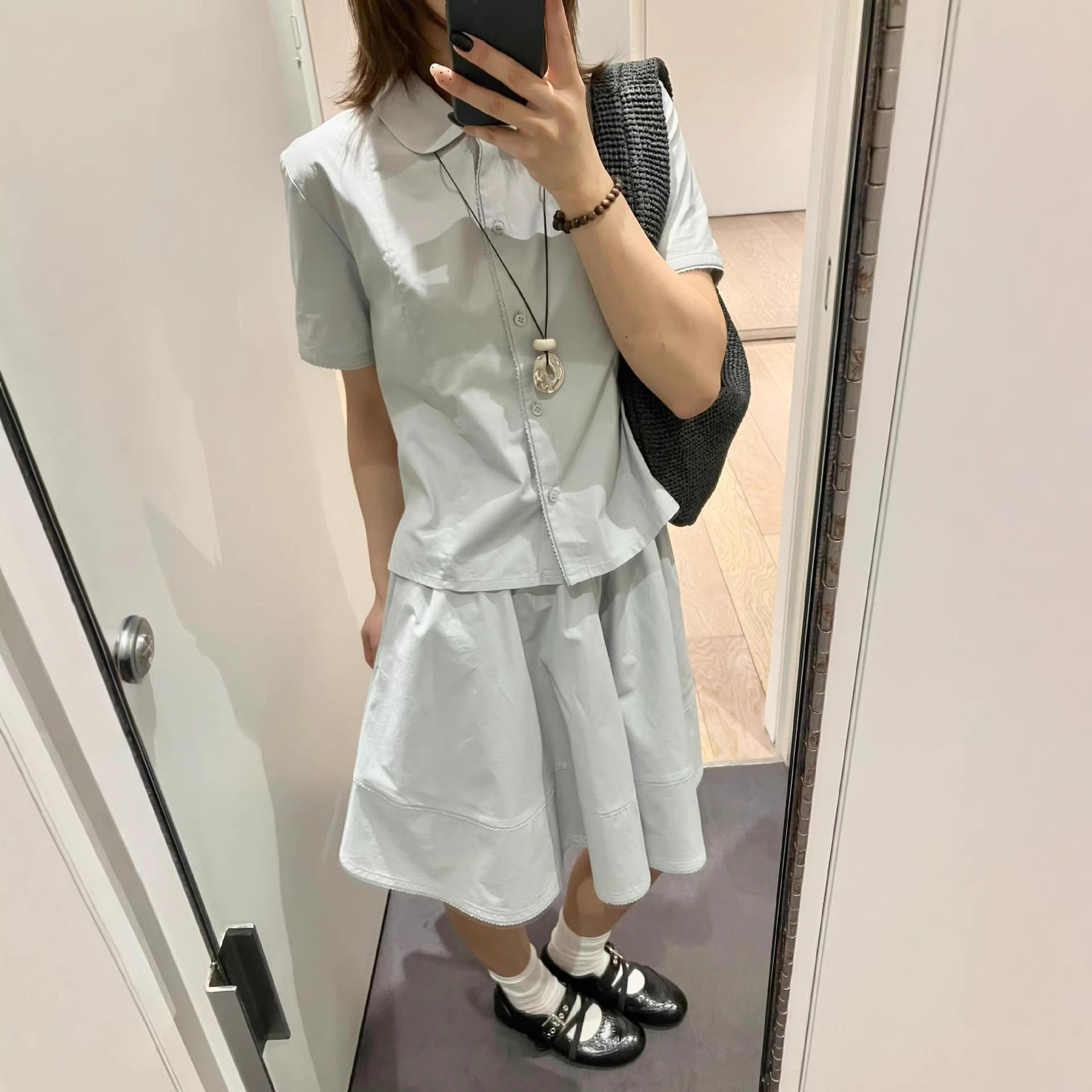 极简风时尚套装！镂空花边拼接休闲短袖衬衫+松紧腰A字半身裙短裙