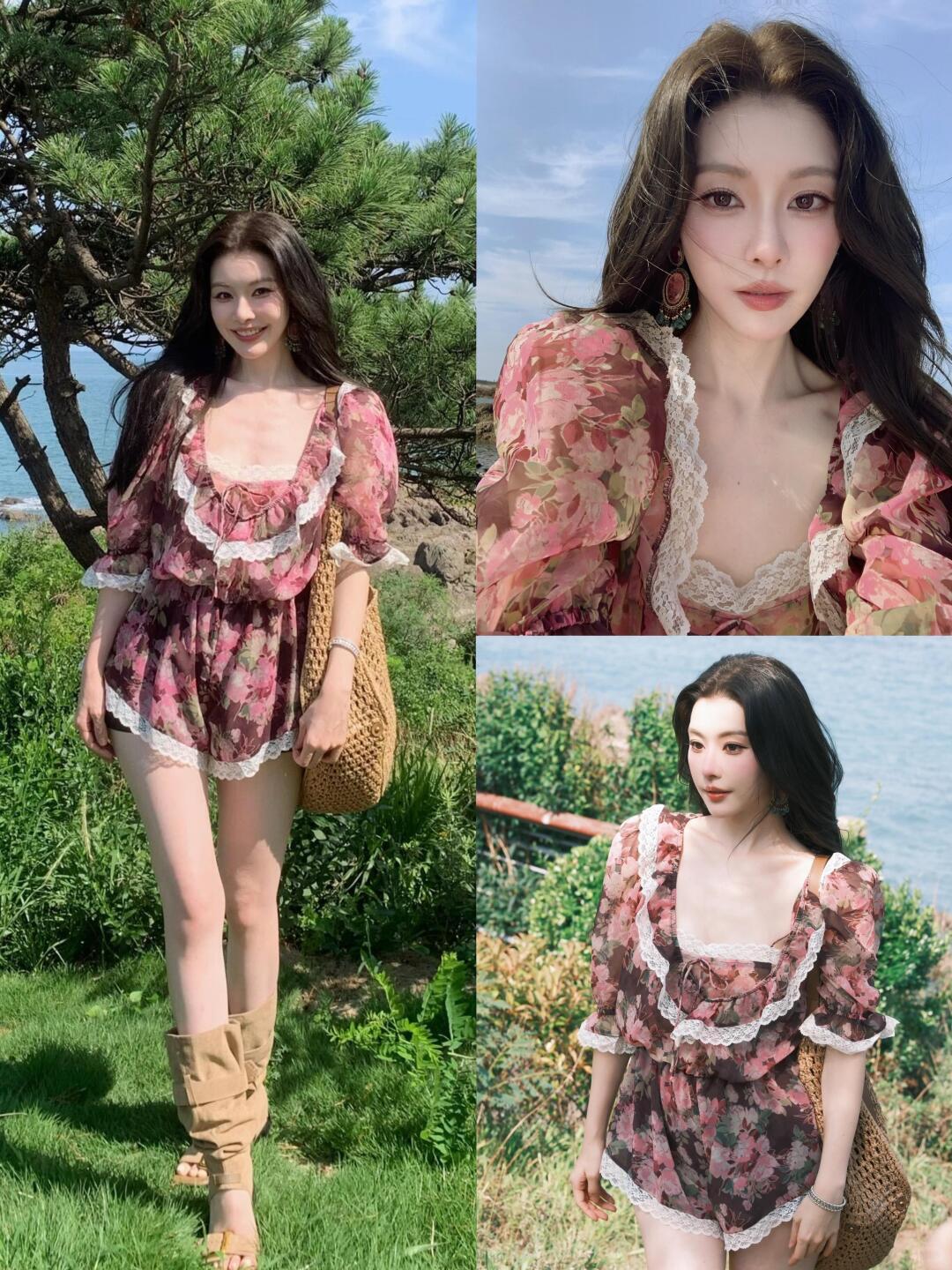 一枝南南同款法式泡泡袖碎花连体裤度假风复古温柔连衣裙裤26夏季