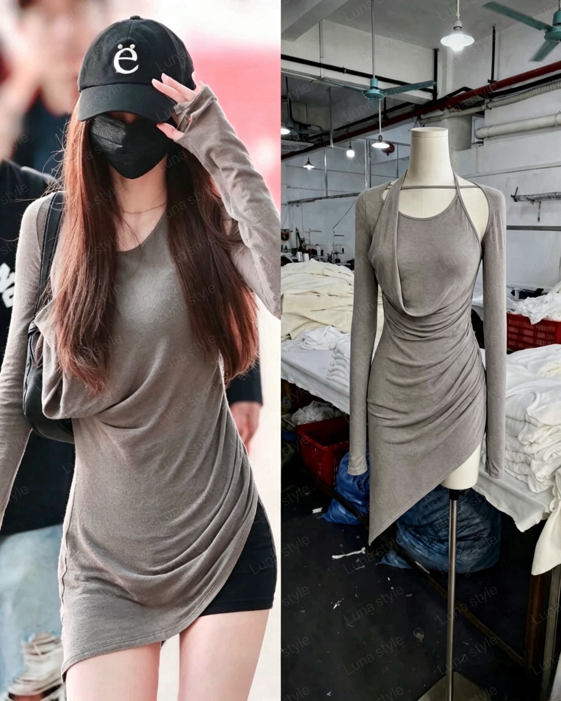 张元英同款灰色长袖不规则修身T恤中长上衣2026新款女设计感小众