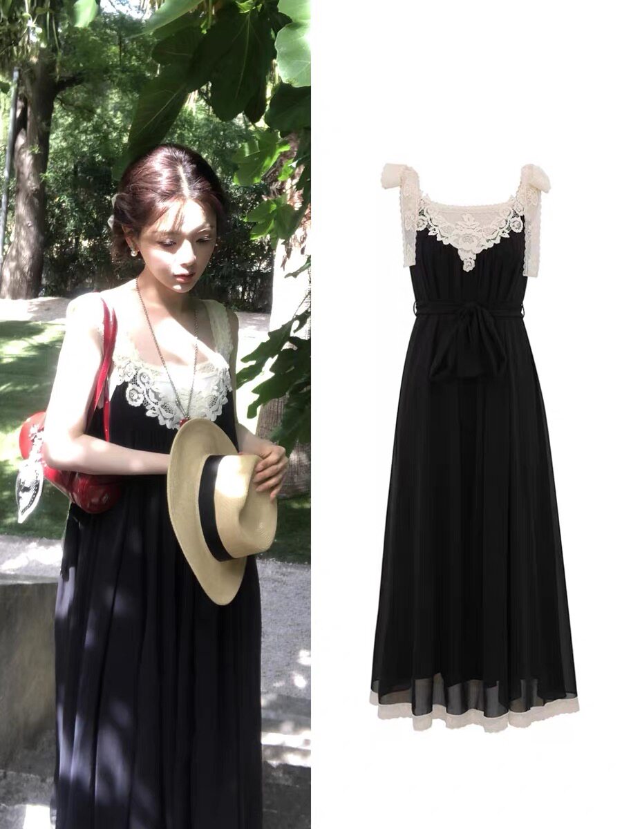 明星杨超越同款衣服黑色蕾丝拼接吊带连衣裙女夏季度假中长款收腰