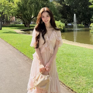 一枝南南同款Cello 26春 人丝粉色蕾丝七分袖荷叶边短袖连衣裙