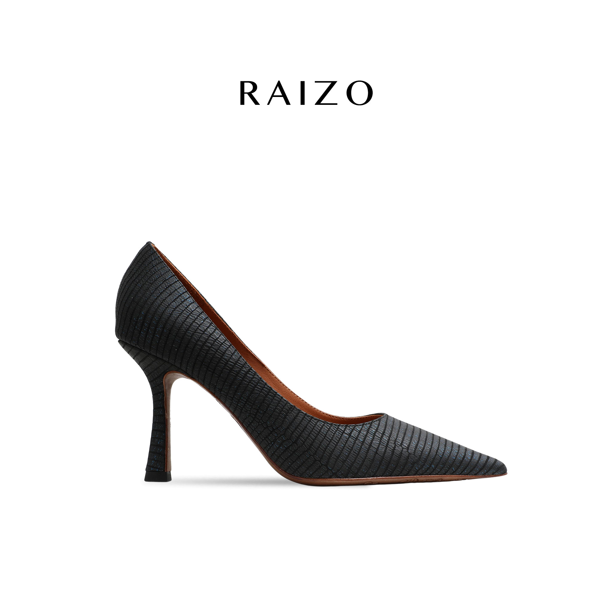 RAIZO 曜蓝蜥蜴纹手工定制浅口尖头细跟高跟鞋优雅简约气质舒适女