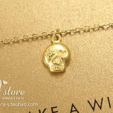 925银镀金链【可爱花骷髅】吊坠 许愿手链 美国 Dogeared 正品