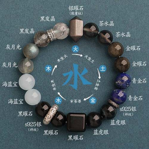 天然石黑曜石海蓝宝五行喜缺补水手串能量柱s925银祥云手串男女款