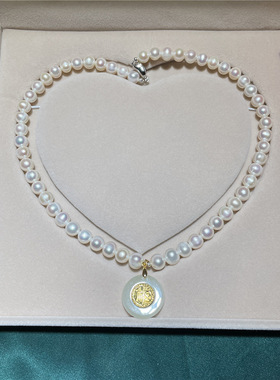 强光微瑕淡水珍珠项链和田玉镶金平安扣吊坠母亲节礼物送妈妈