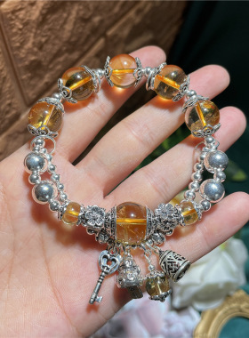 水晶饰品老料12mm通透黄水晶925银招财猫手链diy串珠成品