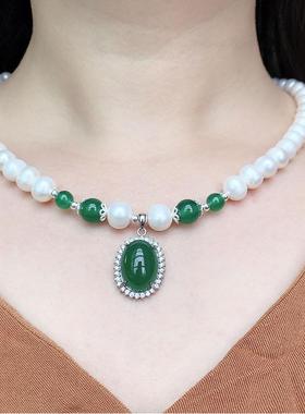 气质强光淡水珍珠项链925银玉髓吊坠送妈妈长辈实用生日礼物