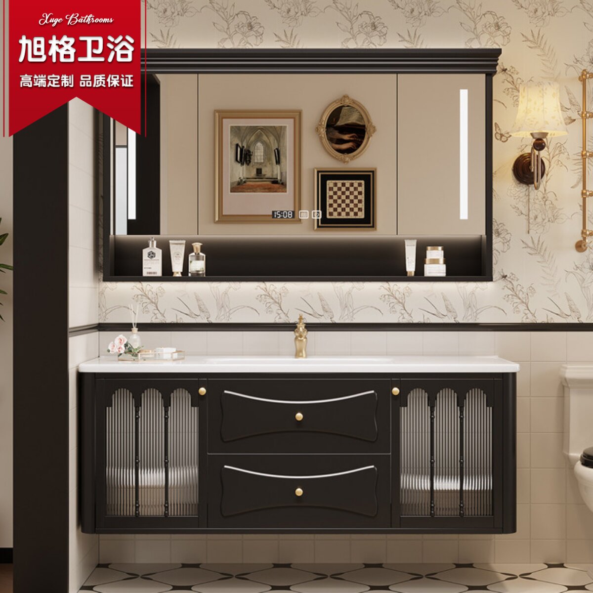 法式复古风浴室柜组合美式卫生间洗漱台陶瓷一体盆洗手脸盆智能镜