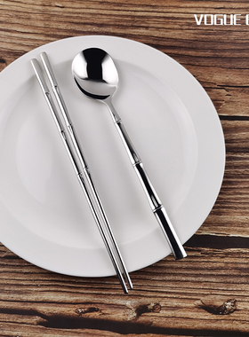 HW1048竹节板材韩勺扁筷18-10不锈钢餐具长柄勺配套镜面抛光餐具